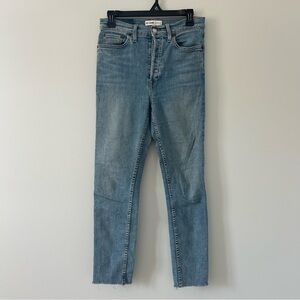 RE/DONE Originals High Rise Button Fly Slim Straight Leg Raw Hem Blue Jeans 28